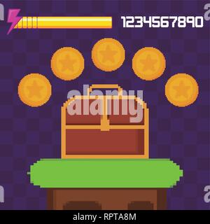 Classico gioco video scena con scrigno illustrazione vettoriale design Illustrazione Vettoriale