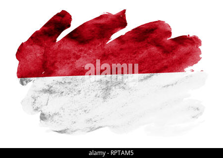 Bandiera dell'Indonesia è raffigurato in un liquido in stile acquerello isolati su sfondo bianco. Incurante della vernice con ombreggiatura immagine della bandiera nazionale. Indipendenza Foto Stock