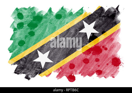 Saint Kitts e Nevis bandiera è raffigurata in un liquido in stile acquerello isolati su sfondo bianco. Incurante della vernice con ombreggiatura immagine della bandiera nazionale. Ho Foto Stock