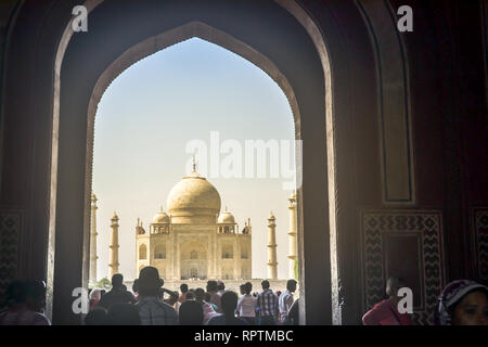 Agra, India, Jan 2019: il Taj Mahal, "corona dei Palazzi', 'gioiello dell'arte musulmana' nella serata di riflessione alla luce del sole. Il suo mausoleo dell imperatore Mughal Foto Stock