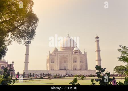 Agra, India, Jan 2019: il Taj Mahal, "corona dei Palazzi', 'gioiello dell'arte musulmana' nella serata di riflessione alla luce del sole. Il suo mausoleo dell imperatore Mughal Foto Stock