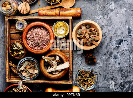 Un assortimento di naturale di erbe mediche.L'omeopatia e la medicina alternativa Foto Stock