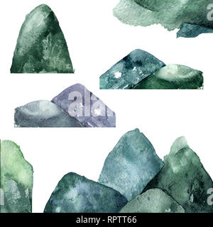 Montagne di schizzi ad acquerello verde texture disegno geometrico illustrazione clip art per la festa di compleanno di celebrazione di stampa abbigliamento sfondo bianco Foto Stock