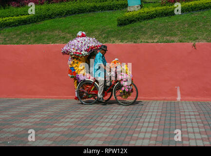 Un colorato in trishaw laden con fiori in Malacca (Melaka), Malaysia Foto Stock