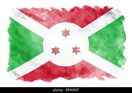 Burundi flag è raffigurato in un liquido in stile acquerello isolati su sfondo bianco. Incurante della vernice con ombreggiatura immagine della bandiera nazionale. Indipendenza da Foto Stock
