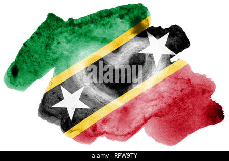 Saint Kitts e Nevis bandiera è raffigurata in un liquido in stile acquerello isolati su sfondo bianco. Incurante della vernice con ombreggiatura immagine della bandiera nazionale. Ho Foto Stock