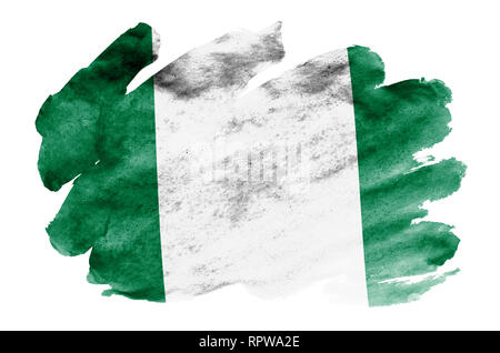 Nigeria bandiera è raffigurata in un liquido in stile acquerello isolati su sfondo bianco. Incurante della vernice con ombreggiatura immagine della bandiera nazionale. Indipendenza da Foto Stock