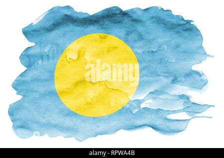 Palau flag è raffigurato in un liquido in stile acquerello isolati su sfondo bianco. Incurante della vernice con ombreggiatura immagine della bandiera nazionale. Giorno di indipendenza Foto Stock