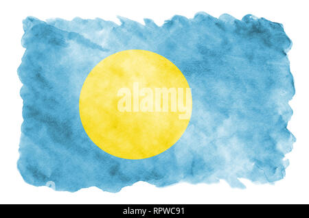 Palau flag è raffigurato in un liquido in stile acquerello isolati su sfondo bianco. Incurante della vernice con ombreggiatura immagine della bandiera nazionale. Giorno di indipendenza Foto Stock