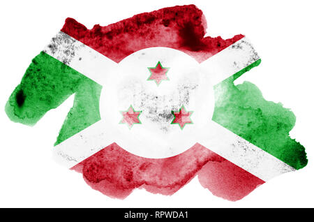 Burundi flag è raffigurato in un liquido in stile acquerello isolati su sfondo bianco. Incurante della vernice con ombreggiatura immagine della bandiera nazionale. Indipendenza da Foto Stock