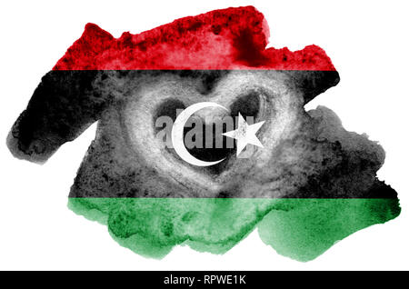 Libia bandiera è raffigurata in un liquido in stile acquerello isolati su sfondo bianco. Incurante della vernice con ombreggiatura immagine della bandiera nazionale. Giorno di indipendenza Foto Stock