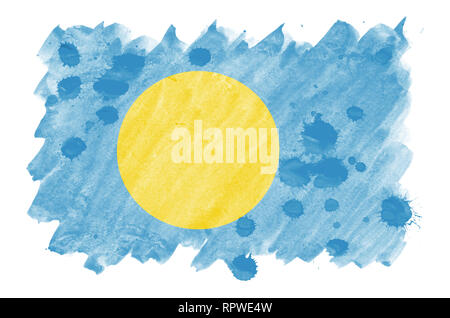 Palau flag è raffigurato in un liquido in stile acquerello isolati su sfondo bianco. Incurante della vernice con ombreggiatura immagine della bandiera nazionale. Giorno di indipendenza Foto Stock