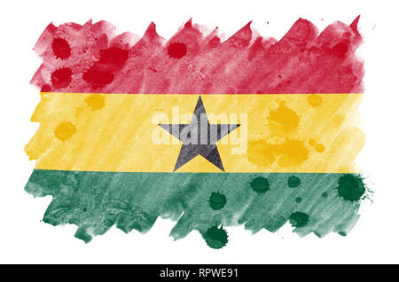 Il Ghana bandiera è raffigurata in un liquido in stile acquerello isolati su sfondo bianco. Incurante della vernice con ombreggiatura immagine della bandiera nazionale. Giorno di indipendenza Foto Stock