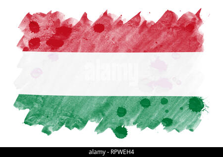 Ungheria bandiera è raffigurata in un liquido in stile acquerello isolati su sfondo bianco. Incurante della vernice con ombreggiatura immagine della bandiera nazionale. Indipendenza da Foto Stock