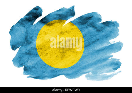 Palau flag è raffigurato in un liquido in stile acquerello isolati su sfondo bianco. Incurante della vernice con ombreggiatura immagine della bandiera nazionale. Giorno di indipendenza Foto Stock