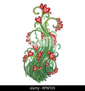 Voglia di una pianta erbacea con fiori a forma di cuori isolati su sfondo bianco. Cuore rosso simbolo di San Valentino gli amanti della vacanza. Vettore Illustrazione Vettoriale