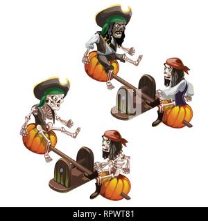Gli scheletri di pirati morti basculante in un altalena altalena isolati su sfondo bianco. Vector cartoon close-up illustrazione. Illustrazione Vettoriale