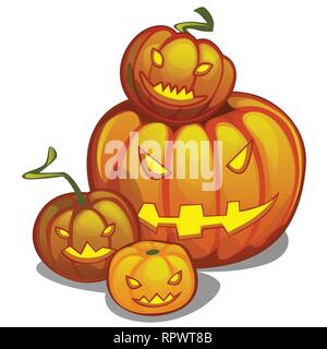 Set di zucca matura scolpito con gli occhi e la bocca, jack-o-lanterne. Attributo della festa di Halloween. Schizzo per cartoline, poster o Illustrazione Vettoriale