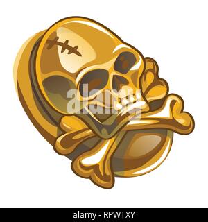 Pirata oro simbolo a forma di teschio umano e crossbones isolati su sfondo bianco. Vector cartoon close-up illustrazione. Illustrazione Vettoriale