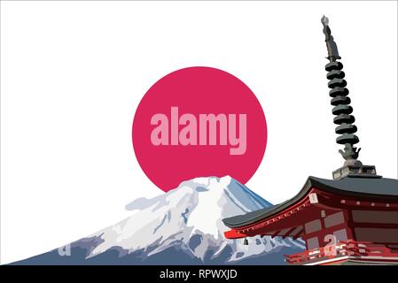 Il monte Fuji ( Mt. Fuji ) e la Pagoda Chureito con red Rising Sun sfondo. Bandiera e simbolo del Giappone Illustrazione Vettoriale