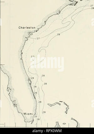 . Airborne termometro a radiazione di misurazioni da Cape Cod, Massachusetts a Miami Florida, luglio 1970-giugno 1976. Temperatura dell'oceano -- Costa Atlantica (brevetto statunitense n. S. ). Le isoterme di superficie-°C Baltim. Si prega di notare che queste immagini vengono estratte dalla pagina sottoposta a scansione di immagini che possono essere state migliorate digitalmente per la leggibilità - Colorazione e aspetto di queste illustrazioni potrebbero non perfettamente assomigliano al lavoro originale. Deaver, J. W; Reed, J. C. Washington, D. C. : United States Coast Guard, unità oceanografica Foto Stock