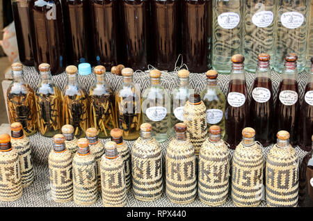 XANG HAI, LAOS - MARZO 30, 2016: bottiglie in una canna di bambù con coperchio tradizionale alcool laotiana con scorpione, Xang Hai village, Luang Prabang provin Foto Stock