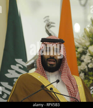 Arabia Saudita il principe ereditario Mohammed Bin Salman risponde a media a Hyderabad House di New Delhi, India, mercoledì 20 febbraio, 2019. Fotografia: così Foto Stock