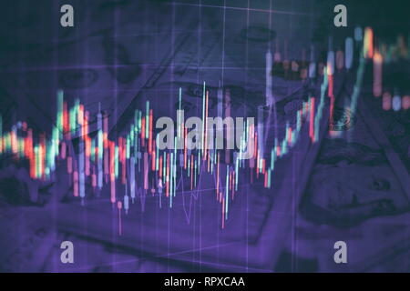 I dati su un monitor che compresi di analisi di mercato. I grafici a barre, gli schemi, i dati finanziari. Forex grafico. Foto Stock