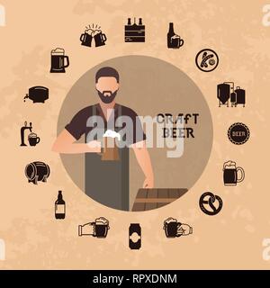 Fabbricante di birra birreria proprio con una birra in mano dimostrando nei pressi di barili in illustrazione vettoriale birra plus icon set isolato. Modello Uomo con una birra in Illustrazione Vettoriale