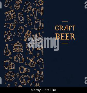 Dark seamless pattern verticale la birra di disegnati a mano le icone sul tema della birra, la sua produzione ed il suo uso in formato vettoriale. Disegnate a mano icone piatta in questo p Illustrazione Vettoriale