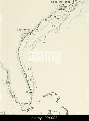 . Airborne termometro a radiazione di misurazioni da Cape Cod, Massachusetts a Miami Florida, luglio 1970-giugno 1976. Temperatura dell'oceano -- Costa Atlantica (brevetto statunitense n. S. ). Le isoterme di superficie-°C Baltimore Charlesto. Si prega di notare che queste immagini vengono estratte dalla pagina sottoposta a scansione di immagini che possono essere state migliorate digitalmente per la leggibilità - Colorazione e aspetto di queste illustrazioni potrebbero non perfettamente assomigliano al lavoro originale. Deaver, J. W; Reed, J. C. Washington, D. C. : United States Coast Guard, unità oceanografica Foto Stock