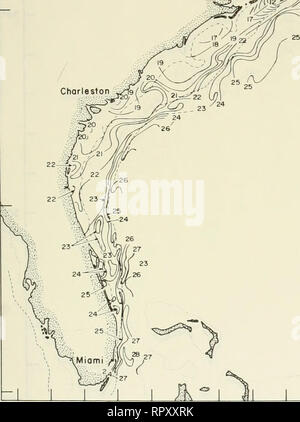 . Airborne termometro a radiazione di misurazioni da Cape Cod, Massachusetts a Miami Florida, luglio 1970-giugno 1976. Temperatura dell'oceano -- Costa Atlantica (brevetto statunitense n. S. ). Le isoterme di superficie-°C Baltimore Charlesto. Si prega di notare che queste immagini vengono estratte dalla pagina sottoposta a scansione di immagini che possono essere state migliorate digitalmente per la leggibilità - Colorazione e aspetto di queste illustrazioni potrebbero non perfettamente assomigliano al lavoro originale. Deaver, J. W; Reed, J. C. Washington, D. C. : United States Coast Guard, unità oceanografica Foto Stock