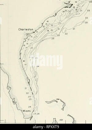 . Airborne termometro a radiazione di misurazioni da Cape Cod, Massachusetts a Miami Florida, luglio 1970-giugno 1976. Temperatura dell'oceano -- Costa Atlantica (brevetto statunitense n. S. ). Le isoterme di superficie-°C Baltimore. Si prega di notare che queste immagini vengono estratte dalla pagina sottoposta a scansione di immagini che possono essere state migliorate digitalmente per la leggibilità - Colorazione e aspetto di queste illustrazioni potrebbero non perfettamente assomigliano al lavoro originale. Deaver, J. W; Reed, J. C. Washington, D. C. : United States Coast Guard, unità oceanografica Foto Stock