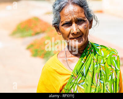 PUDUCHERY, INDIA - dicembre circa, 2018. Non identificato donna rurale con saree vestito in costumi tradizionali al loro villaggio, uno stile di vita quotidiana nelle zone rurali Foto Stock