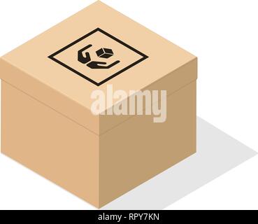 Scatola di cartone 3d in stile isometrica con piatto shadow. Illustrazione Vettoriale