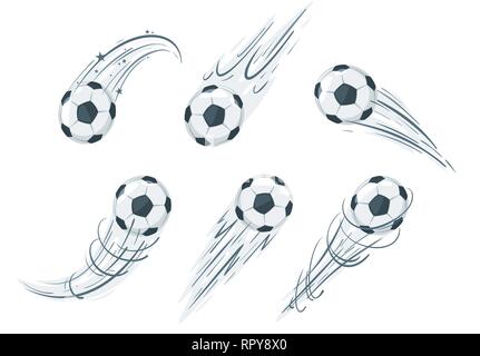 Set di pallone da calcio in azione. Lo stile del fumetto illustrazione vettoriale elemento di design. Icona di calcio con le linee di velocità. Illustrazione Vettoriale