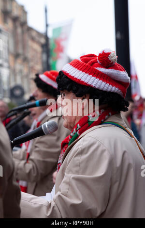 CARDIFF, Regno Unito. Il 23 febbraio 2019. La band Boycezone giocando a una folla di tifosi di rugby nel centro di Cardiff prima dell'Inghilterra e Galles S Foto Stock