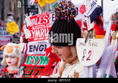 CARDIFF, Regno Unito. Il 23 febbraio 2019. Una donna con la sua merce in stallo il centro di Cardiff prima dell'Inghilterra e Galles Sei Nazioni corrispondono Foto Stock