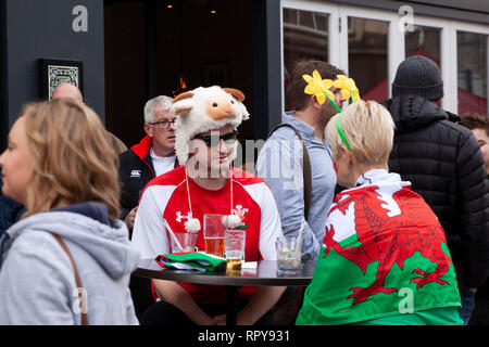 CARDIFF, Regno Unito. Il 23 febbraio 2019. Welsh rugby fan godendo di una pre-match drink nel centro di Cardiff prima dell'Inghilterra e Galles sei compit Foto Stock