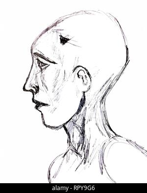 Il calvo uomo guarda lontano con un aspetto triste. l'immagine è disegnata con una matita. Illustrazione Vettoriale