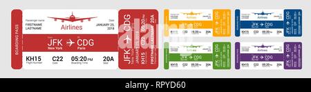 Insieme di diversi carta di imbarco isolata su uno sfondo grigio. Illustrazione Vettoriale. Illustrazione Vettoriale