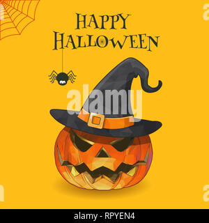 Jack o lantren con witch hat sorridente in uno spazio di colore giallo BG per il messaggio di saluto di halloween Foto Stock