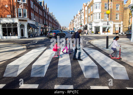 Londra, Regno Unito. 23 feb 2019. Britains prima 3D Zebra crossing è stato installato in St John's Wood, Londra. Servizi di infrastruttura ferma, FM Conway lavora con Westminster City Council, ha installato un nuovo tridimensionale di segnaletica orizzontale sulle strisce pedonali al fine di ottenere i driver per rallentare. Simile 3D valichi di frontiera sono stati utilizzati in Islanda, in Australia e in India per ottenere i driver per rallentare. La Zebra crossing è ad una breve distanza a piedi dai famosi Abbey Road Zebra crossing che i Beatles hanno camminato attraverso per la copertura dei loro album 'Abbey Road'. Credito: Tommy Londra/Alamy Live News Foto Stock