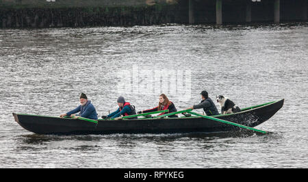 La città di Cork, Cork, Irlanda. Il 23 febbraio, 2019. I membri di Naomhóga Chorcaí accompagnati dal loro cane fila un nativo Currach irlandese da Ovest dell Irlanda sul fiume Lee nella città di Cork, Irlanda. Credito: David Creedon/Alamy Live News Foto Stock