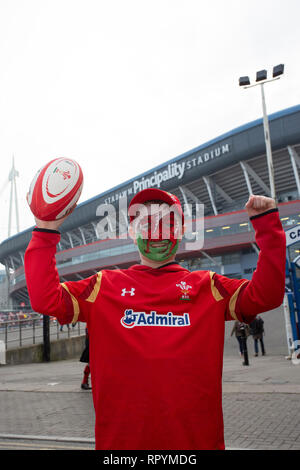 Cardiff, Galles, UK. Sabato 23 febbraio 2019. Il Galles e Inghilterra rugby sostenitori raccogliere in Cardiff City Centre in anticipo del Sei Nazioni di corrispondenza tra le due squadre. Foto Stock