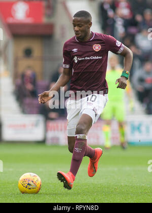 Tynecastle Park, Edinburgh, Regno Unito. 23 febbraio 2019. Il calcio. Ladbrokes Premiership league fixture tra Cuori e St Mirren; Arnaud Djoum di cuori Credito: Scottish Borders Media/Alamy Live News solo uso editoriale, è richiesta una licenza per uso commerciale. Nessun uso in scommesse. Foto Stock