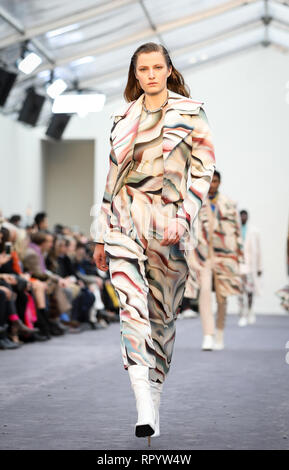 Milano, Italia. Il 23 febbraio, 2019. I modelli presenti le creazioni per Roberto Cavalli durante la settimana della moda milanese Autunno/Inverno 2019/2020 in Milano, Italia, dal 23 febbraio, 2019. Credito: Cheng Tingting/Xinhua/Alamy Live News Foto Stock