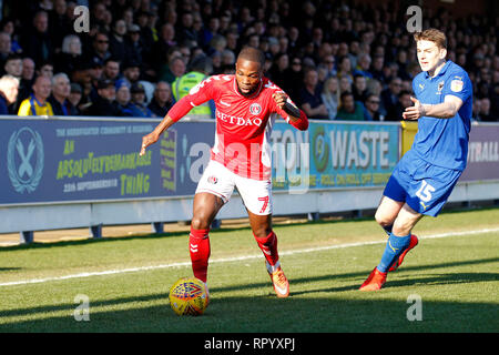 Kingston, Regno Unito. Il 23 febbraio, 2019. Mark Marshall di Charlton Athletic sulla palla durante il cielo EFL scommettere League 1 match tra AFC Wimbledon e Charlton Athletic al Cherry Red Records Stadium, Kingston, in Inghilterra il 23 febbraio 2019. Foto di Carlton Myrie. Solo uso editoriale, è richiesta una licenza per uso commerciale. Nessun uso in scommesse, giochi o un singolo giocatore/club/league pubblicazioni. Credit: UK Sports Pics Ltd/Alamy Live News Foto Stock