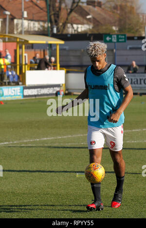 Kingston, Regno Unito. Il 23 febbraio, 2019. Lyle Taylor di Charlton Athletic si riscalda durante il cielo EFL scommettere League 1 match tra AFC Wimbledon e Charlton Athletic al Cherry Red Records Stadium, Kingston, in Inghilterra il 23 febbraio 2019. Foto di Carlton Myrie. Solo uso editoriale, è richiesta una licenza per uso commerciale. Nessun uso in scommesse, giochi o un singolo giocatore/club/league pubblicazioni. Credit: UK Sports Pics Ltd/Alamy Live News Foto Stock