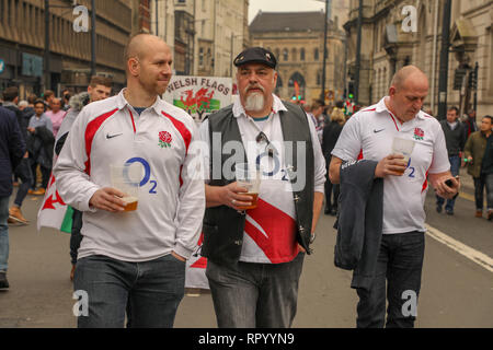 Principato Stadium di Cardiff, Galles, 23 febbraio 2019. I sostenitori di rugby di godere dell'atmosfera in anticipo di oggi del gioco crunch nel Sei Nazioni di rugby campionato tra Galles e Inghilterra. Sei Nazioni di Rugby, Principato Stadium di Cardiff, Galles, UK. Credito: Haydn Denman/Alamy Live News. Foto Stock